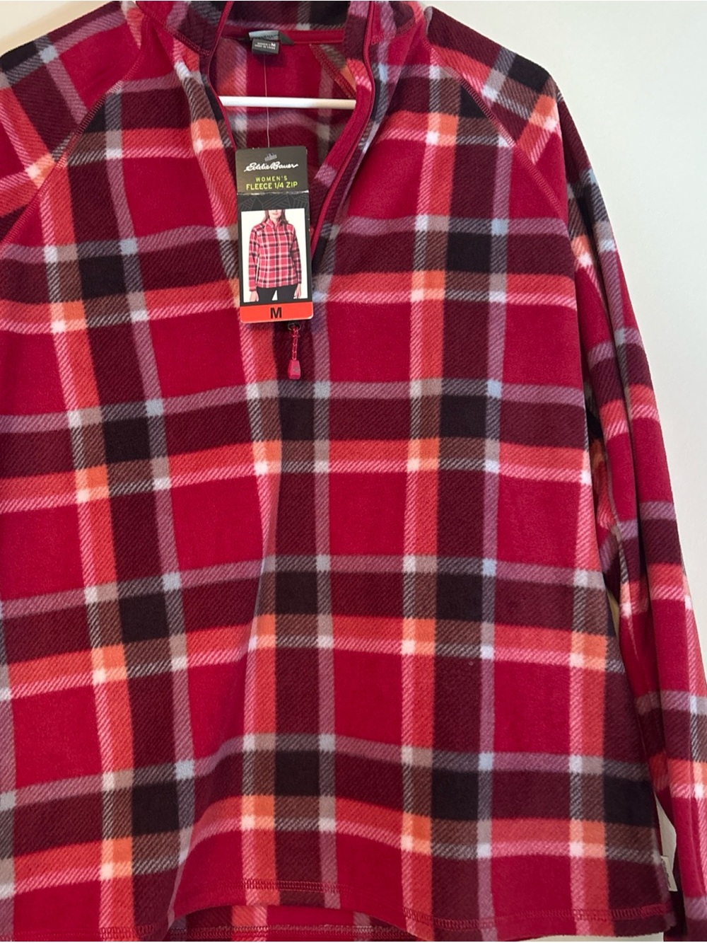 Eddie Bauer Red Plaid Fleece Quarter-Zip Pullover
